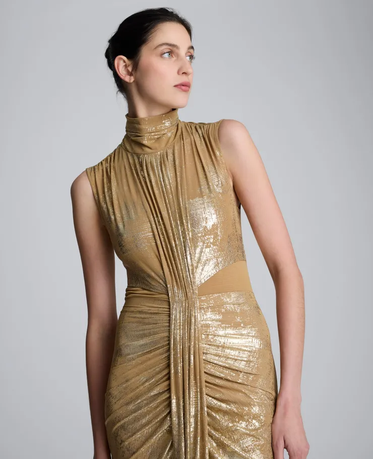 Metallic Foil Mesh Pleated Bodice Maxi Dress>Kenneth Cole Clearance