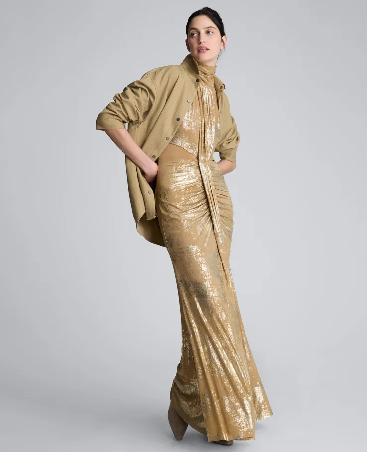 Metallic Foil Mesh Pleated Bodice Maxi Dress>Kenneth Cole Clearance