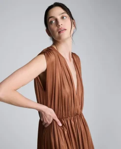 Metallic Knit Deep V-Neck Gathered Maxi Dress><noscript><img width=