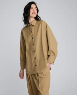 Pinstripe Drop Shoulder Snap Front Boyfriend Shirt><noscript><img width=