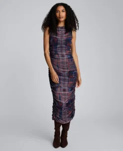 Printed Mesh Fully Ruched Modern Midi Dress>Kenneth Cole Clearance