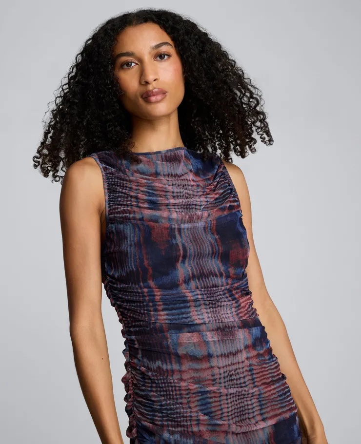 Printed Mesh Fully Ruched Modern Midi Dress>Kenneth Cole Clearance