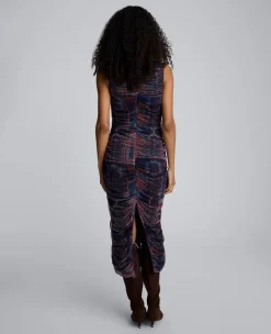 Printed Mesh Fully Ruched Modern Midi Dress><noscript><img width=