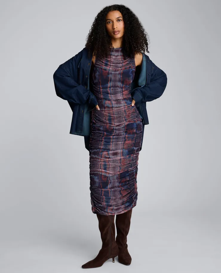 Printed Mesh Fully Ruched Modern Midi Dress>Kenneth Cole Clearance