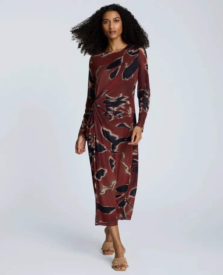 Printed Mesh Knot Front Long Sleeve Maxi Dress>Kenneth Cole