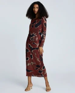 Printed Mesh Knot Front Long Sleeve Maxi Dress><noscript><img width=