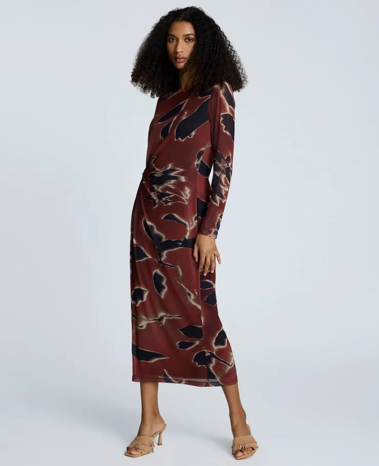 Printed Mesh Knot Front Long Sleeve Maxi Dress>Kenneth Cole