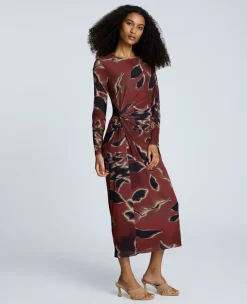 Printed Mesh Knot Front Long Sleeve Maxi Dress><noscript><img width=