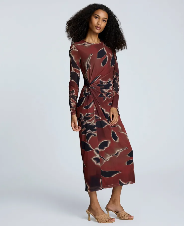 Printed Mesh Knot Front Long Sleeve Maxi Dress>Kenneth Cole