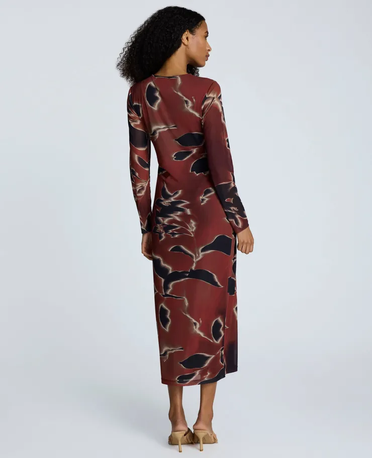 Printed Mesh Knot Front Long Sleeve Maxi Dress>Kenneth Cole