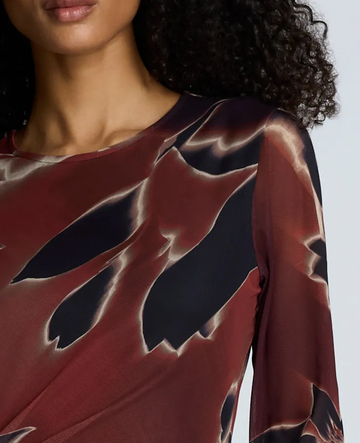 Printed Mesh Knot Front Long Sleeve Maxi Dress>Kenneth Cole