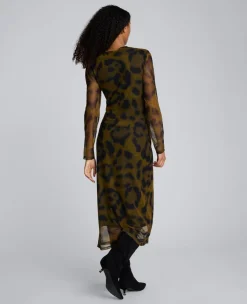Printed Mesh Knot Front Long Sleeve Midi Dress><noscript><img width=