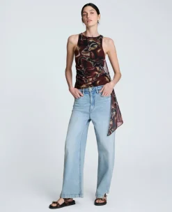 Printed Mesh Side Tied Tank Top><noscript><img width=
