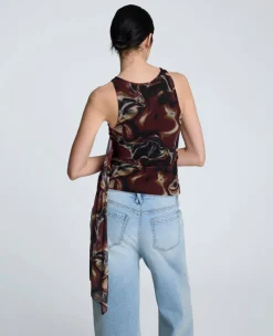 Printed Mesh Side Tied Tank Top><noscript><img width=