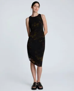 Sandra Side Ruched Asymmetrical Mesh Tank Dress>Kenneth Cole Clearance