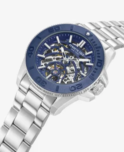 Skeleton Automatic Blue Contrast Dial Bracelet Watch><noscript><img width=
