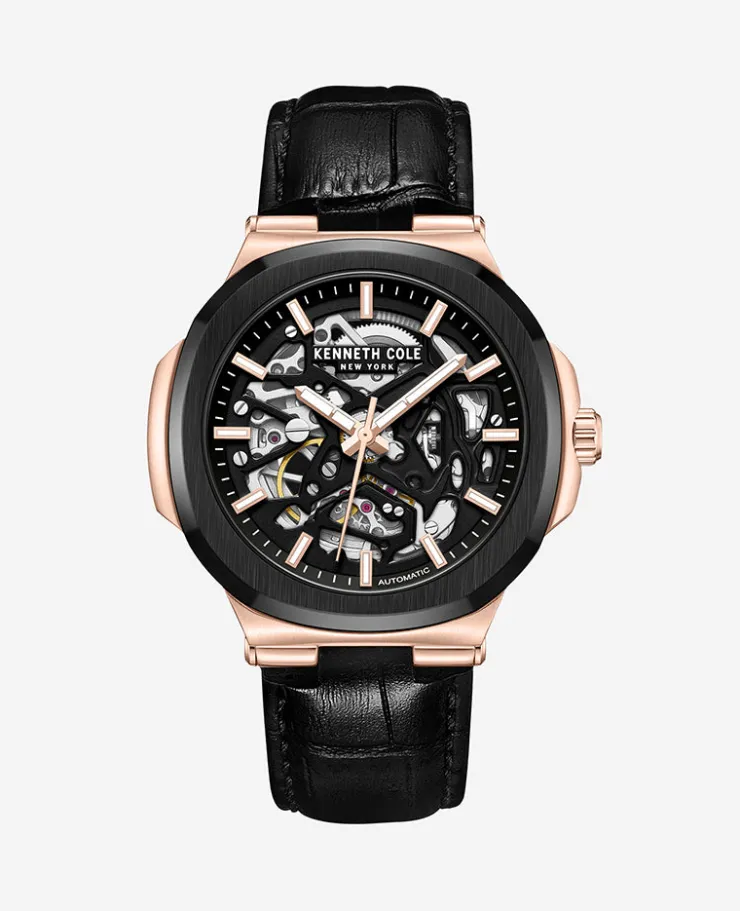 Skeleton Automatic Leather Strap Watch>Kenneth Cole Outlet