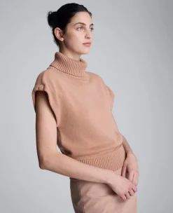 Sleeveless Mockneck Sweater with Shoulder Pads><noscript><img width=