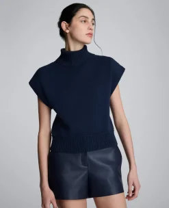 Sleeveless Mockneck Sweater with Shoulder Pads><noscript><img width=