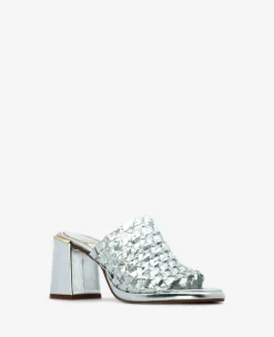 Solara Metallic Leather Woven Heel Sandal><noscript><img width=