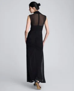 Solid Mesh Pleated Bodice Maxi Dress><noscript><img width=