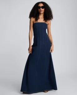 Strapless Denim Maxi Dress with Seaming><noscript><img width=